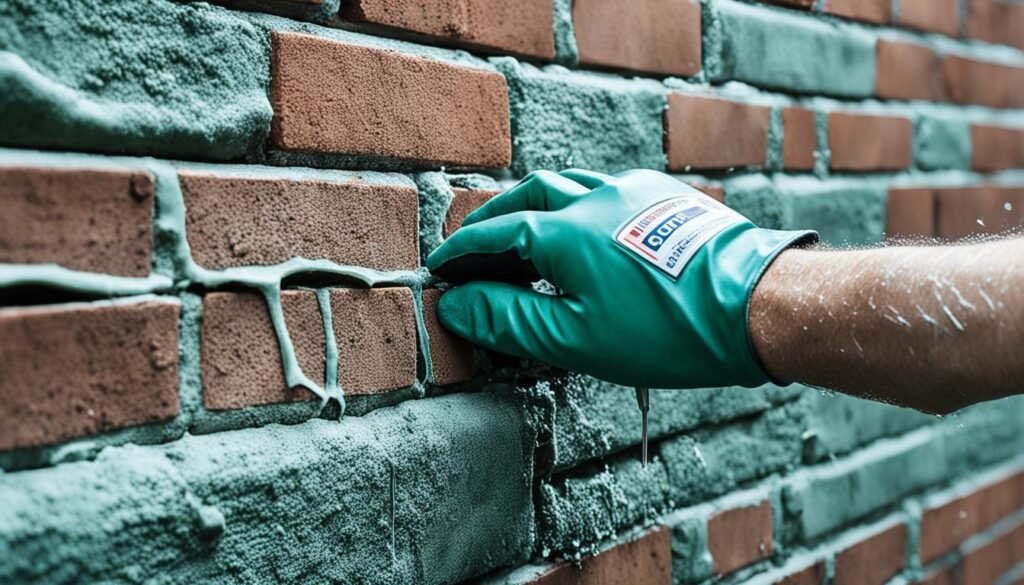 Inspecting water damaged brick wall